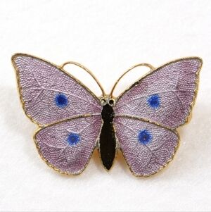Gold Tone Butterfly Brooch Lavender Enamel Blue Dot Pin Vintage Style